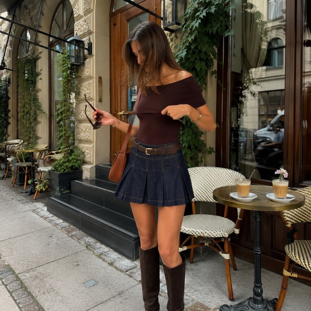 Reformation | Petal Denim‎ Pleated Micro Mini Skort in Liffey Blue